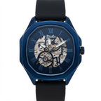 A Pioltio skeleton wristwatch with a dark blue case, blue dial, and black strap, shown against a plain white background.