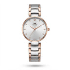 A women's analog watch by Hilter, featuring a silver-toned dial with rose gold-tone bezel, hands, and markers, paired with a two-tone silver and rose gold link bracelet, shown against a plain white background.