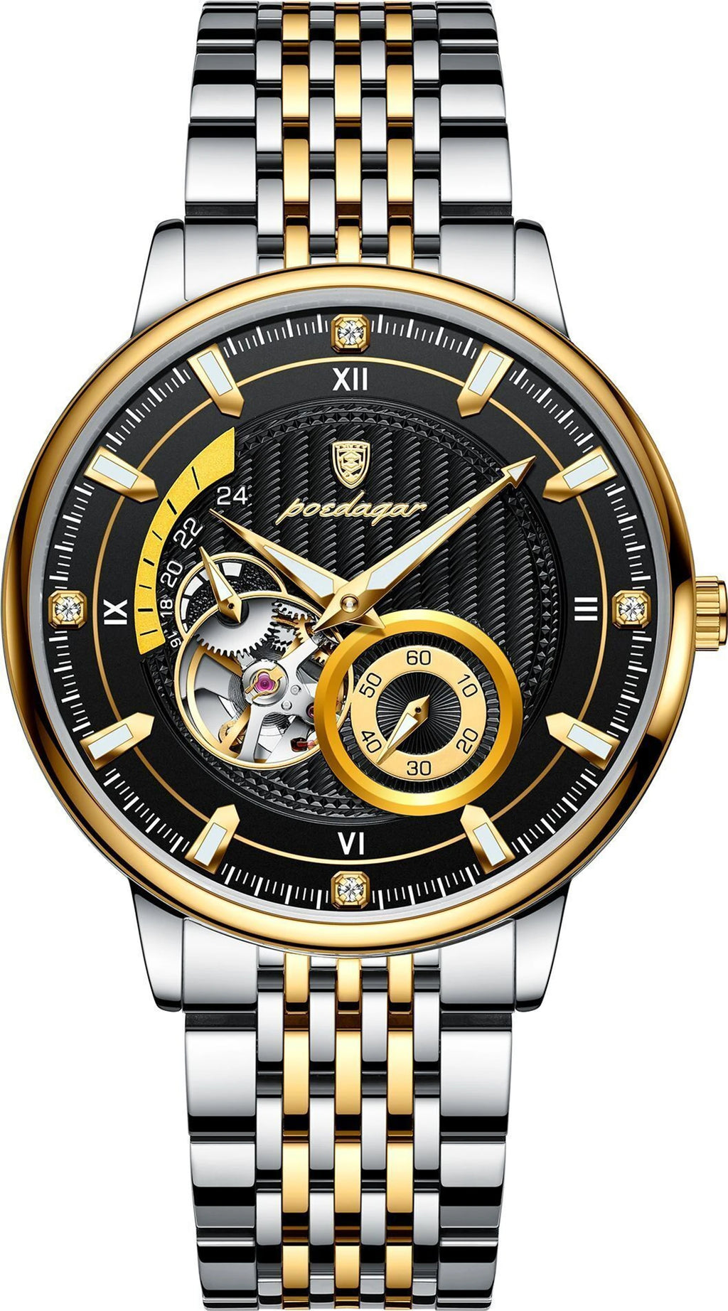 A men's skeleton wristwatch with a two-tone silver and gold stainless steel link bracelet, a gold bezel, and a black dial featuring a visible mechanical movement.