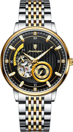 A men's skeleton wristwatch with a two-tone silver and gold stainless steel link bracelet, a gold bezel, and a black dial featuring a visible mechanical movement.
