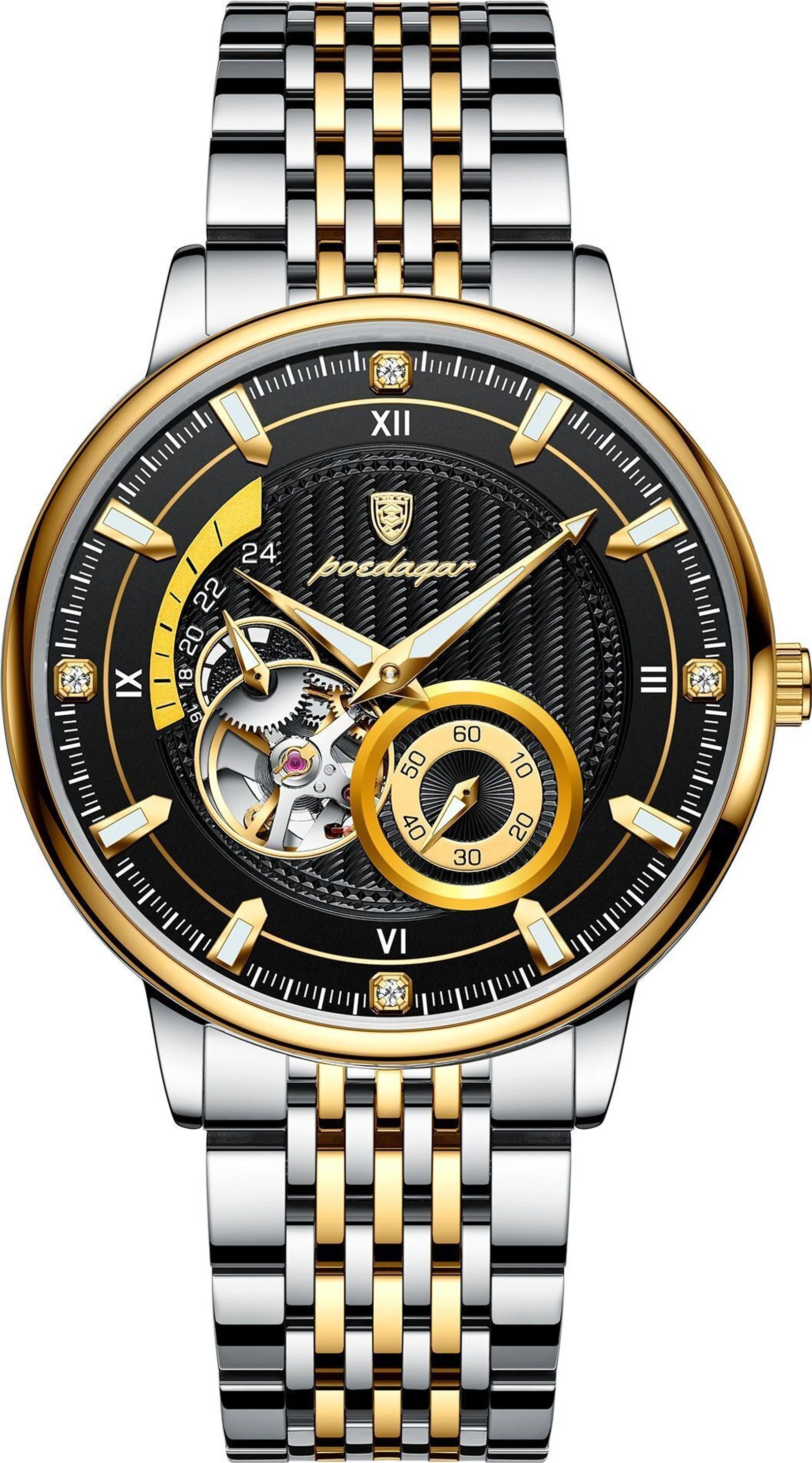 A men's skeleton wristwatch with a two-tone silver and gold stainless steel link bracelet, a gold bezel, and a black dial featuring a visible mechanical movement.