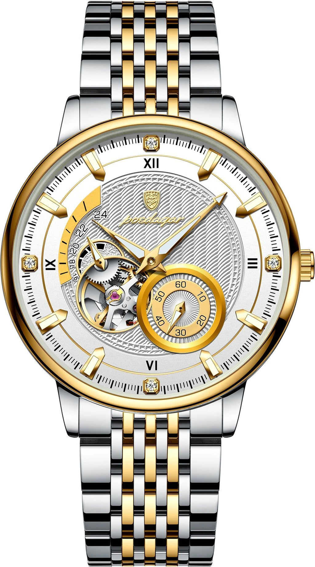 A luxury men's two-tone stainless steel and gold automatic skeleton watch with a white dial, Roman numeral hour markers, and a gold bezel, shown on a solid white background.