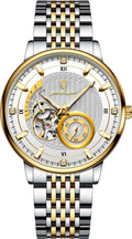A luxury men's two-tone stainless steel and gold automatic skeleton watch with a white dial, Roman numeral hour markers, and a gold bezel, shown on a solid white background.