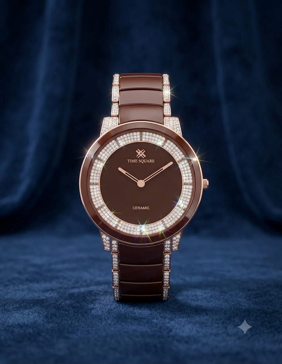 A luxury women's watch by Time Square, featuring a brown ceramic dial, a brown leather strap, rose gold case, and crystal-embellished bezel and bracelet links, set against a dark blue velvet background.