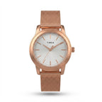 A Timex women's watch with a rose gold-tone case and mesh strap, featuring a white dial with rose gold-tone hands and indices, shown against a plain white background.
