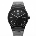 A Hilter men's analog watch featuring a black stainless steel case and link bracelet, a black dial with silver-tone baton hour markers and hands, and a date window at 3 o'clock, shown against a plain white background.