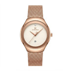 A women's analog watch with a rose gold mesh strap and a white dial, featuring a small crystal hour marker and a date window at the 3 o'clock position.