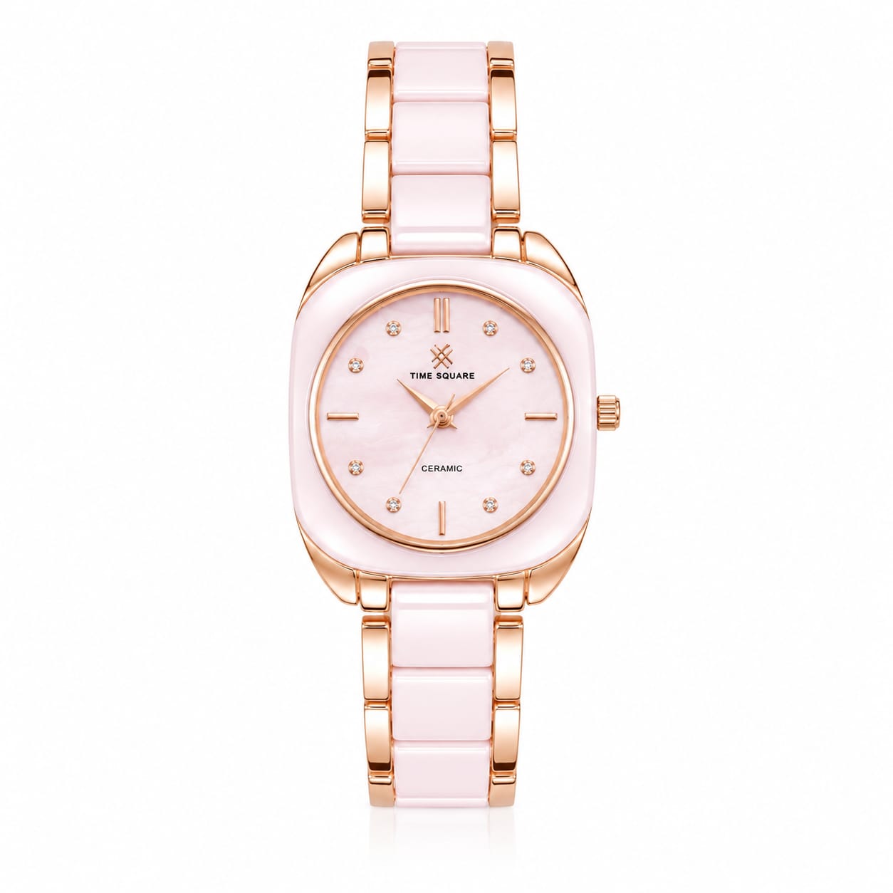 A women's analog watch with a square case, a light pink ceramic dial and link bracelet, and rose gold-tone metal accents, including a crown and crystal hour markers. The brand name 'THE TIME SQUARE' is printed on the dial.