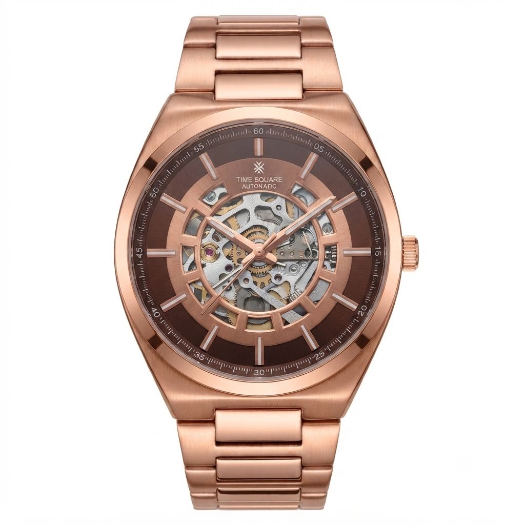 A men's automatic skeleton watch with a rose gold-tone metal case and link bracelet, featuring a brown dial with a visible mechanical movement through the center.
