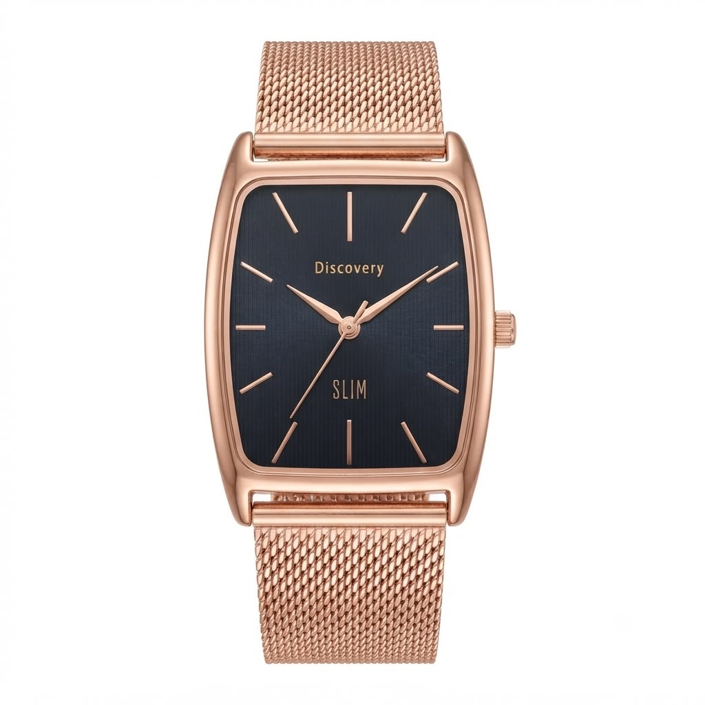 A Discovery Slim watch with a rectangular rose gold case, a dark blue textured dial, and a matching rose gold mesh strap, shown against a plain white background.