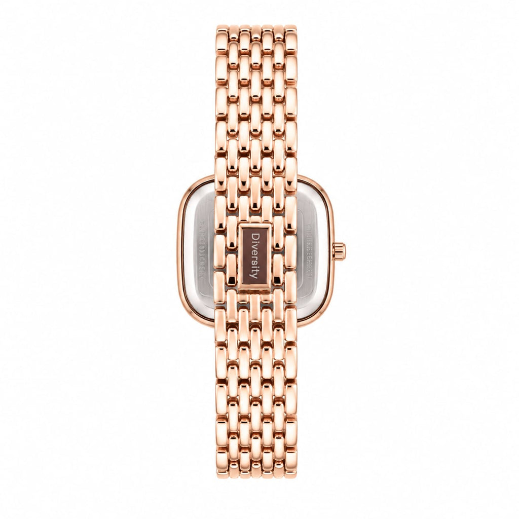 A rose gold-tone women's watch by Divinity, featuring a rectangular cushion-shaped case and a matching multi-link metal bracelet, shown against a plain white background.