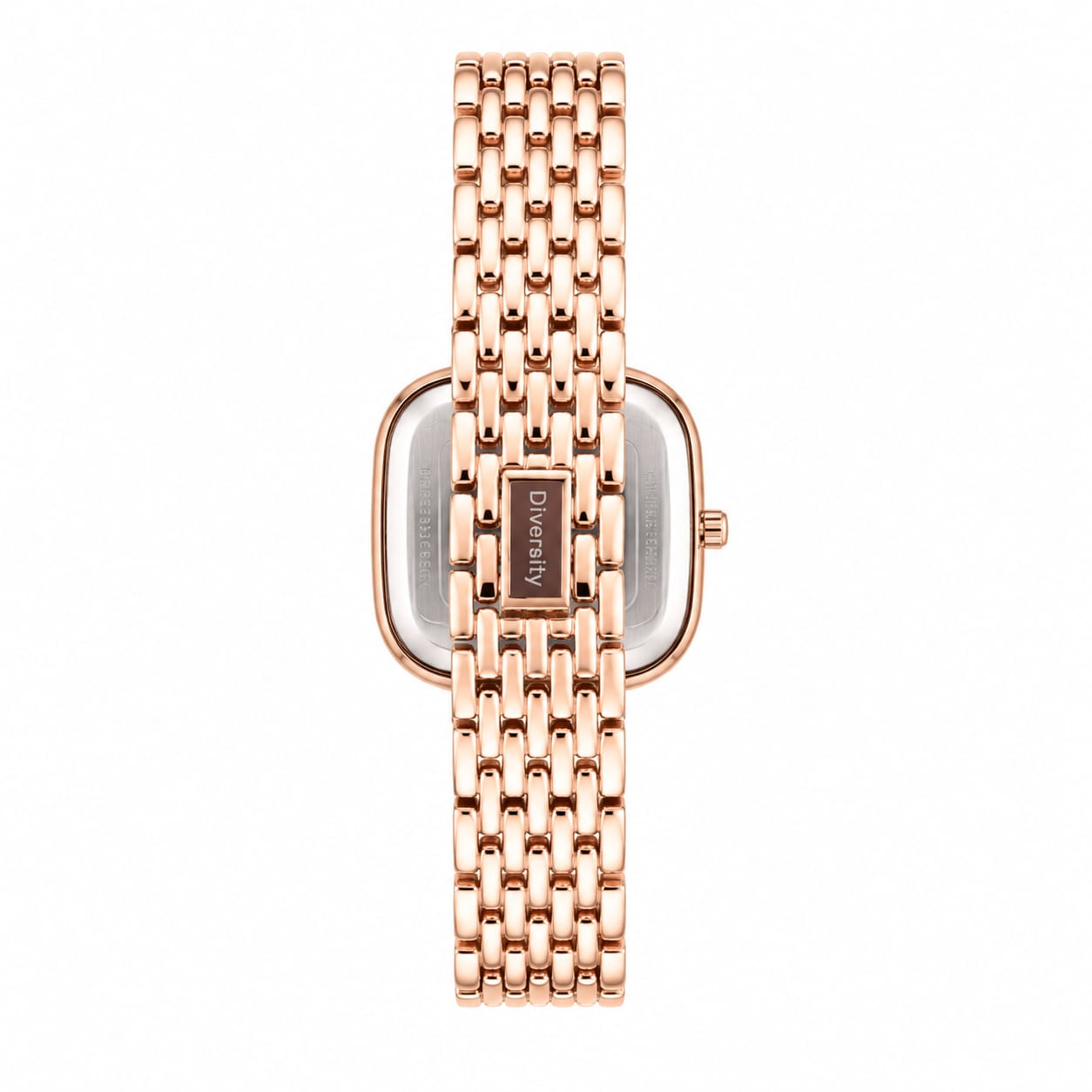 A rose gold-tone women's watch by Divinity, featuring a rectangular cushion-shaped case and a matching multi-link metal bracelet, shown against a plain white background.