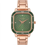 A women's square analog watch with a rose gold metal case and link bracelet, featuring a green patterned dial and a green bezel with white Roman numerals.