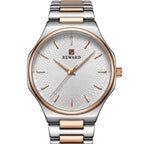 A two-tone stainless steel and rose gold wrist watch with a textured white dial and rose gold markers, shown on a solid white background.