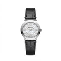 Chopard watch with a silver-toned round case, white mother-of-pearl dial with crystal hour markers, and a black leather strap, shown on a plain white background.