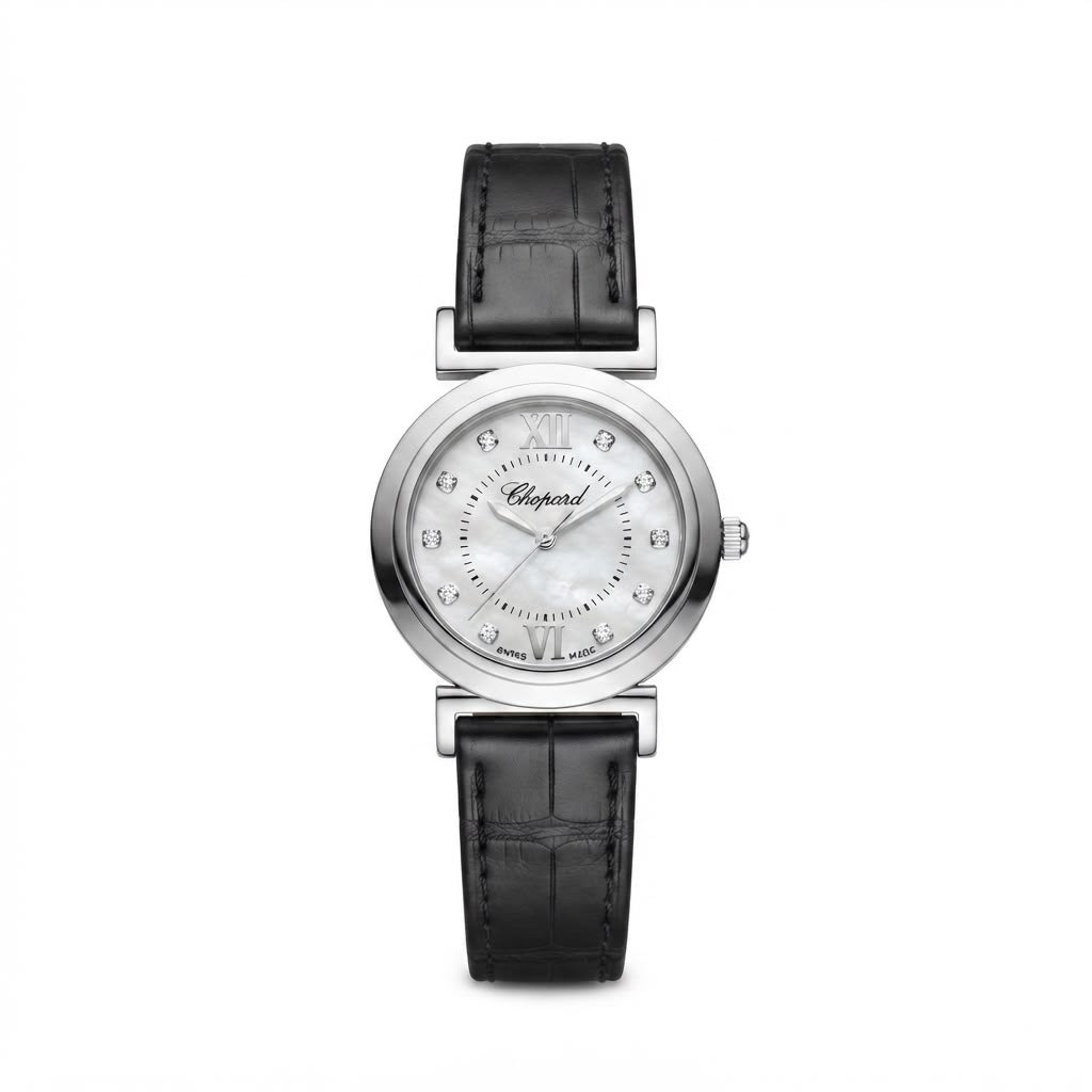 Chopard watch with a silver-toned round case, white mother-of-pearl dial with crystal hour markers, and a black leather strap, shown on a plain white background.