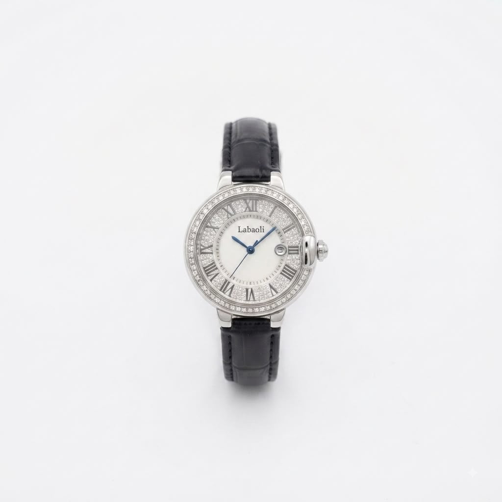 A Labiolo watch with a silver-tone round case, diamond-encrusted bezel, white dial with black Roman numerals, blue hands, and a black leather strap, centered on a plain white background.