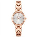 A women's analog watch with a rose gold-tone metal link bracelet and case, featuring a white dial with rose gold-tone hands and a white 'LEFORE' brand logo.