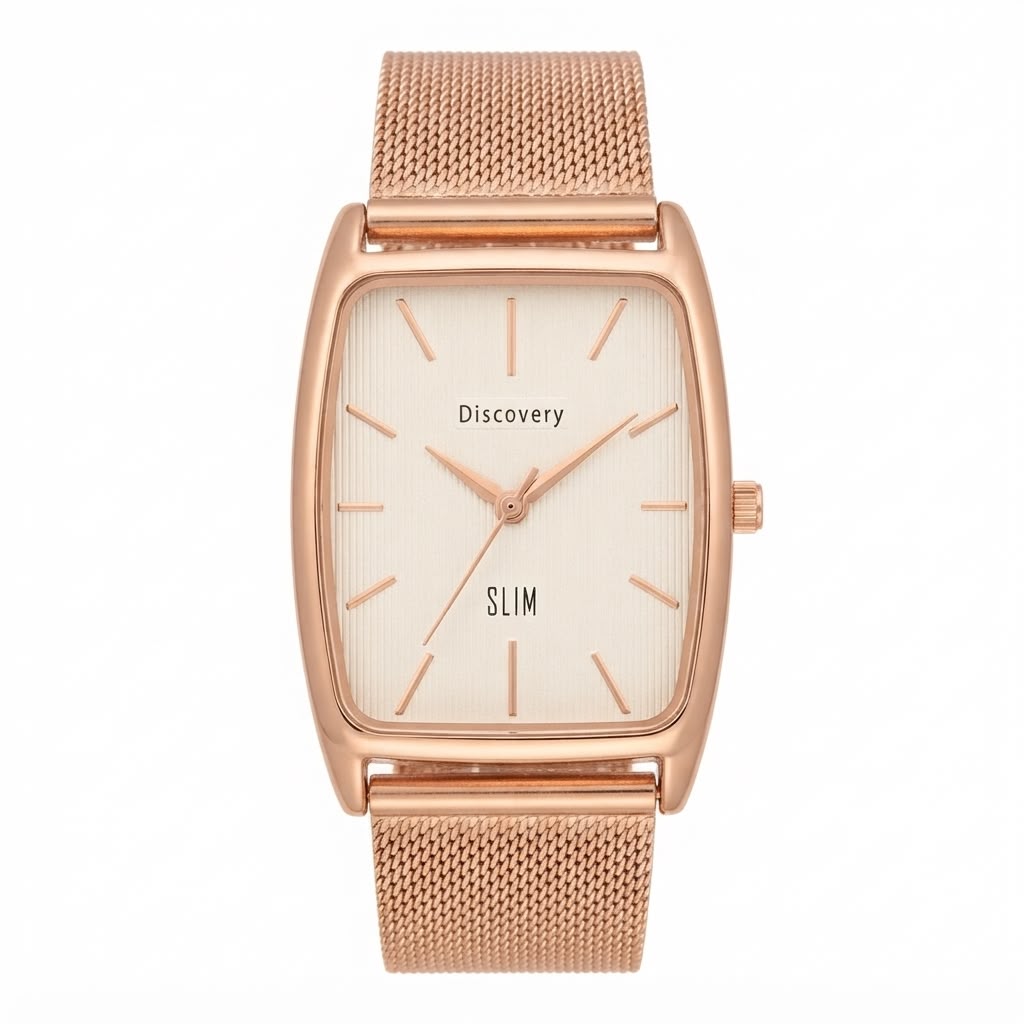 A Discovery Slim rectangular analog watch with a rose gold-tone metal mesh strap and a cream-colored dial, shown against a plain white background.