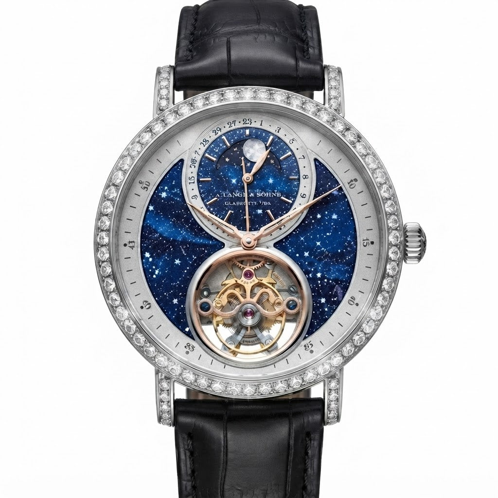 A luxury wristwatch by Lange & Söhne, featuring a silver-tone case encrusted with clear stones, a black leather strap, and a detailed blue galaxy-patterned dial with a visible gold-toned tourbillon.