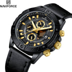 A NAVIFORCE men's chronograph watch with a black leather strap, black case, and gold-tone details on the dial and pushers, shown on a white background with the NAVIFORCE logo in the top-left corner.