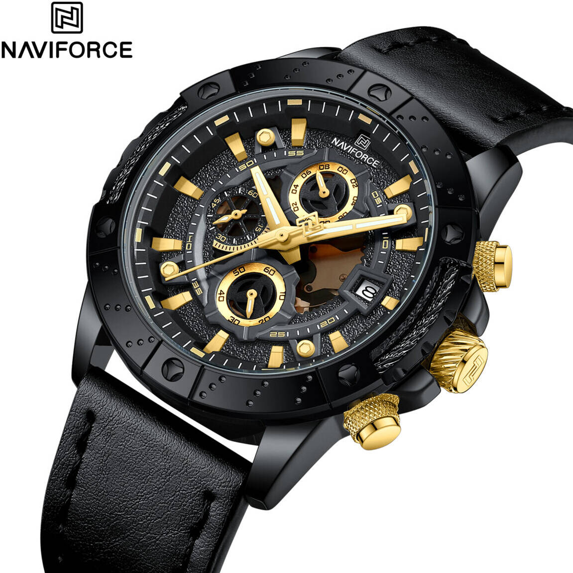 A NAVIFORCE men's chronograph watch with a black leather strap, black case, and gold-tone details on the dial and pushers, shown on a white background with the NAVIFORCE logo in the top-left corner.
