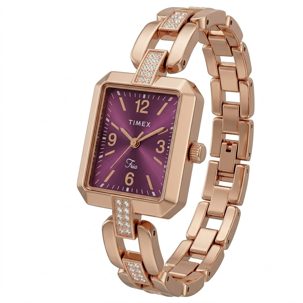 A Timex Fina women's watch with a rose gold-tone metal bracelet and a purple dial, shown on a plain white background.