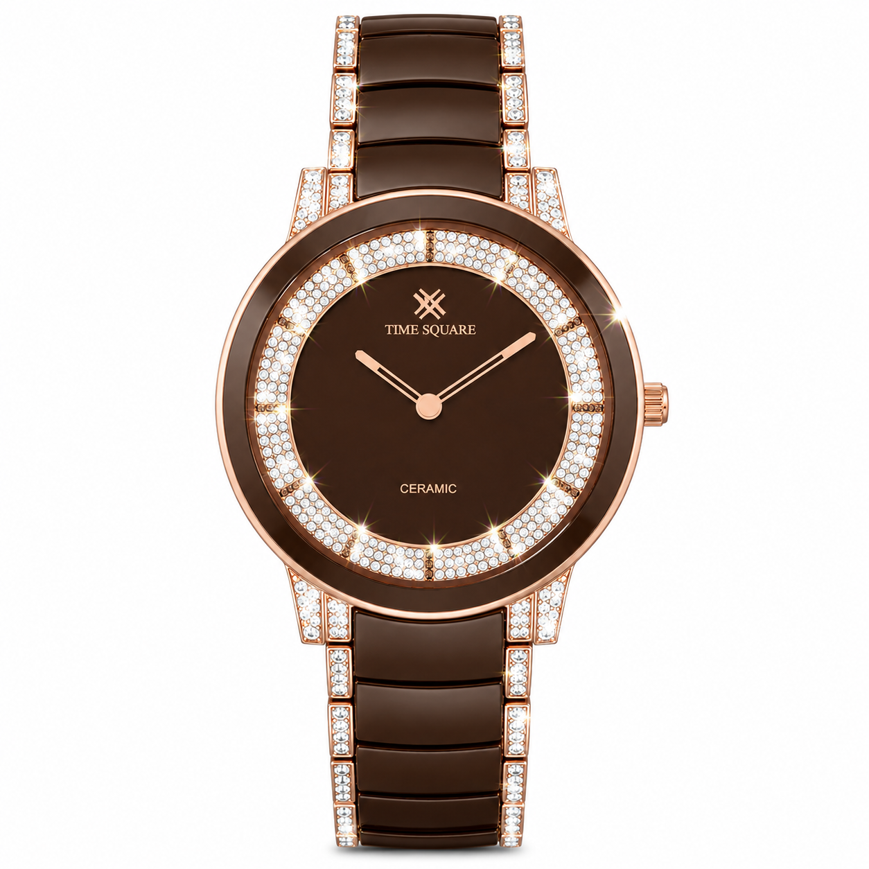 A women's ceramic watch by Time Square, featuring a dark brown ceramic dial and matching integrated ceramic link bracelet, accented by a rose gold-tone case and bezel paved with clear crystals.