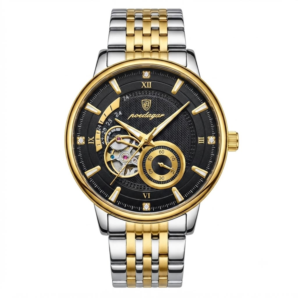 A Prestiga men's two-tone skeleton watch with a black dial, gold-tone bezel and accents, and a silver-and-gold-tone stainless steel link bracelet, shown on a plain white background.