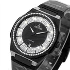 A luxury black Arvari watch with a black sapphire dial, a bezel encrusted with clear crystals, and a matching black crystal-embellished bracelet, shown on a white background.