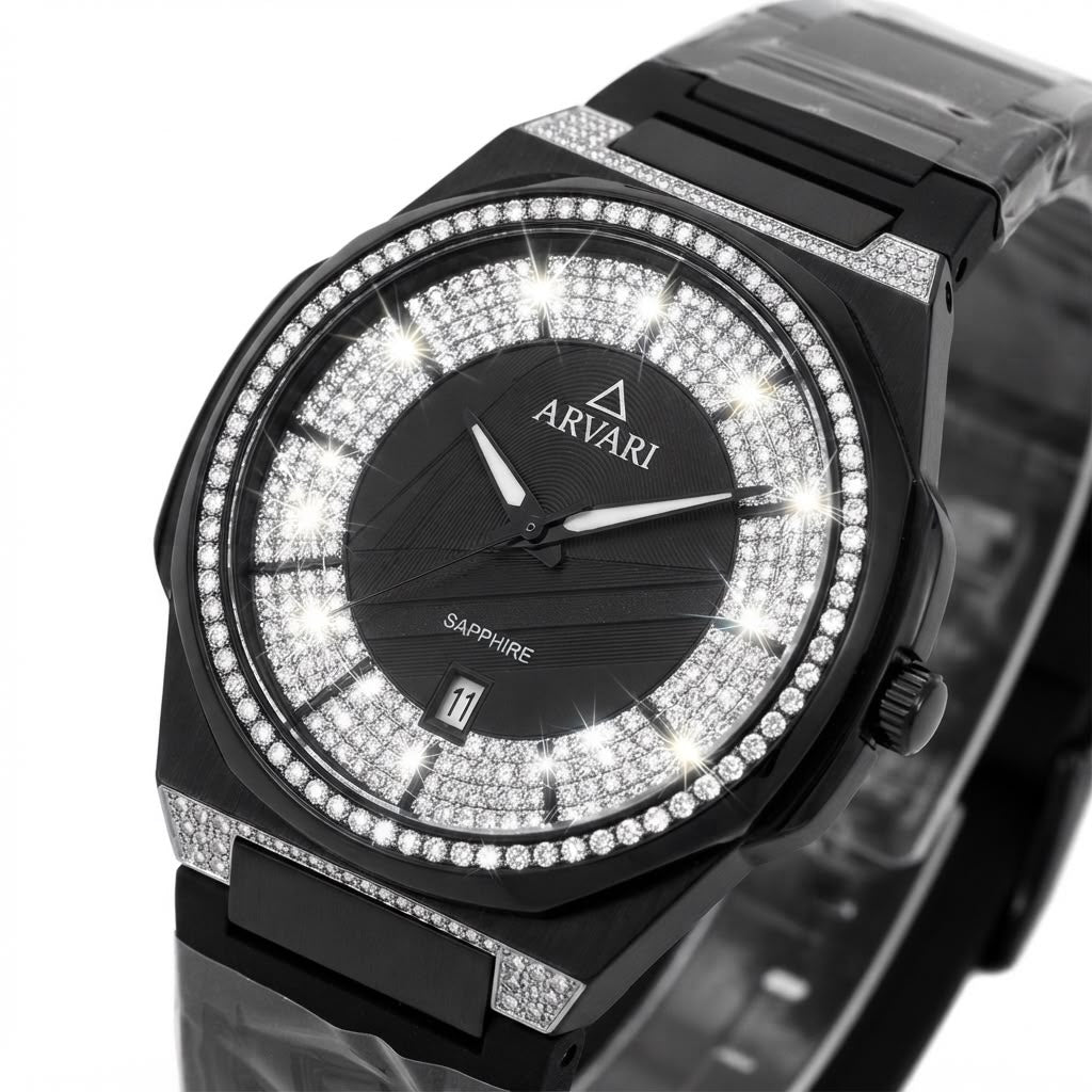 A luxury black Arvari watch with a black sapphire dial, a bezel encrusted with clear crystals, and a matching black crystal-embellished bracelet, shown on a white background.