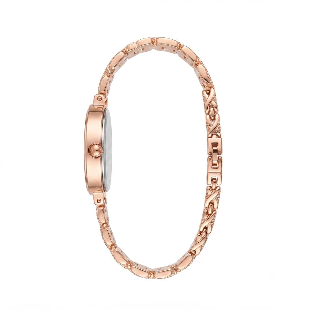 Rose gold women's watch with a multi-link chain bracelet and a round case, shown from the side on a white background.