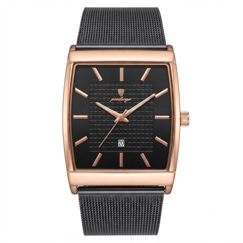 A men's wristwatch with a rectangular rose gold case, a black textured dial, and a black mesh strap, shown against a plain white background.