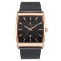 A men's wristwatch with a rectangular rose gold case, a black textured dial, and a black mesh strap, shown against a plain white background.