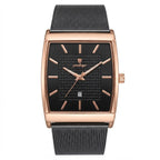 A men's wristwatch with a rectangular rose gold case, a black textured dial, and a black mesh strap, shown against a plain white background.