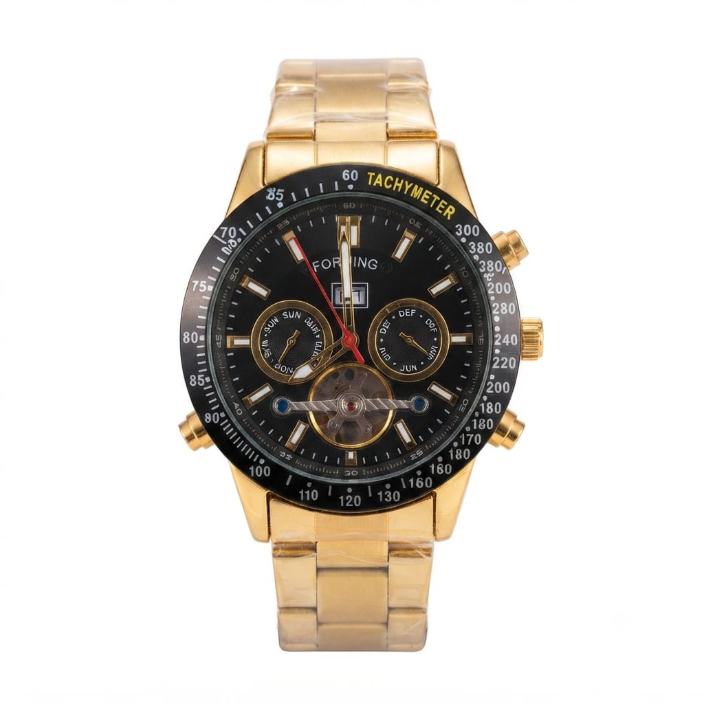 A gold-tone stainless steel wristwatch with a black dial, featuring three sub-dials, a red second hand, and a gold-tone link bracelet, shown against a plain white background.