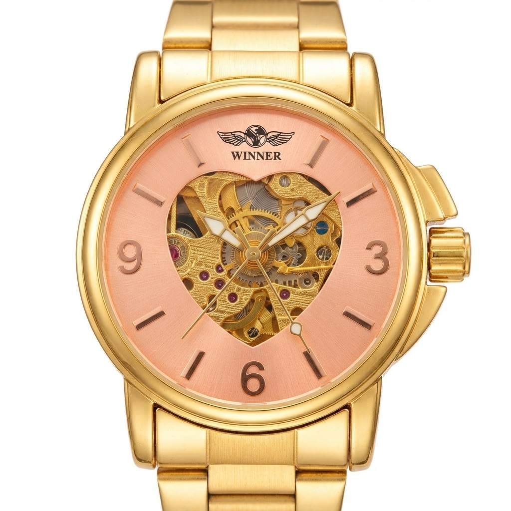 A gold-tone stainless steel wristwatch with a rose gold dial featuring a skeletonized center showing the mechanical movement. The brand name 'WINNER' is printed above the center dial.