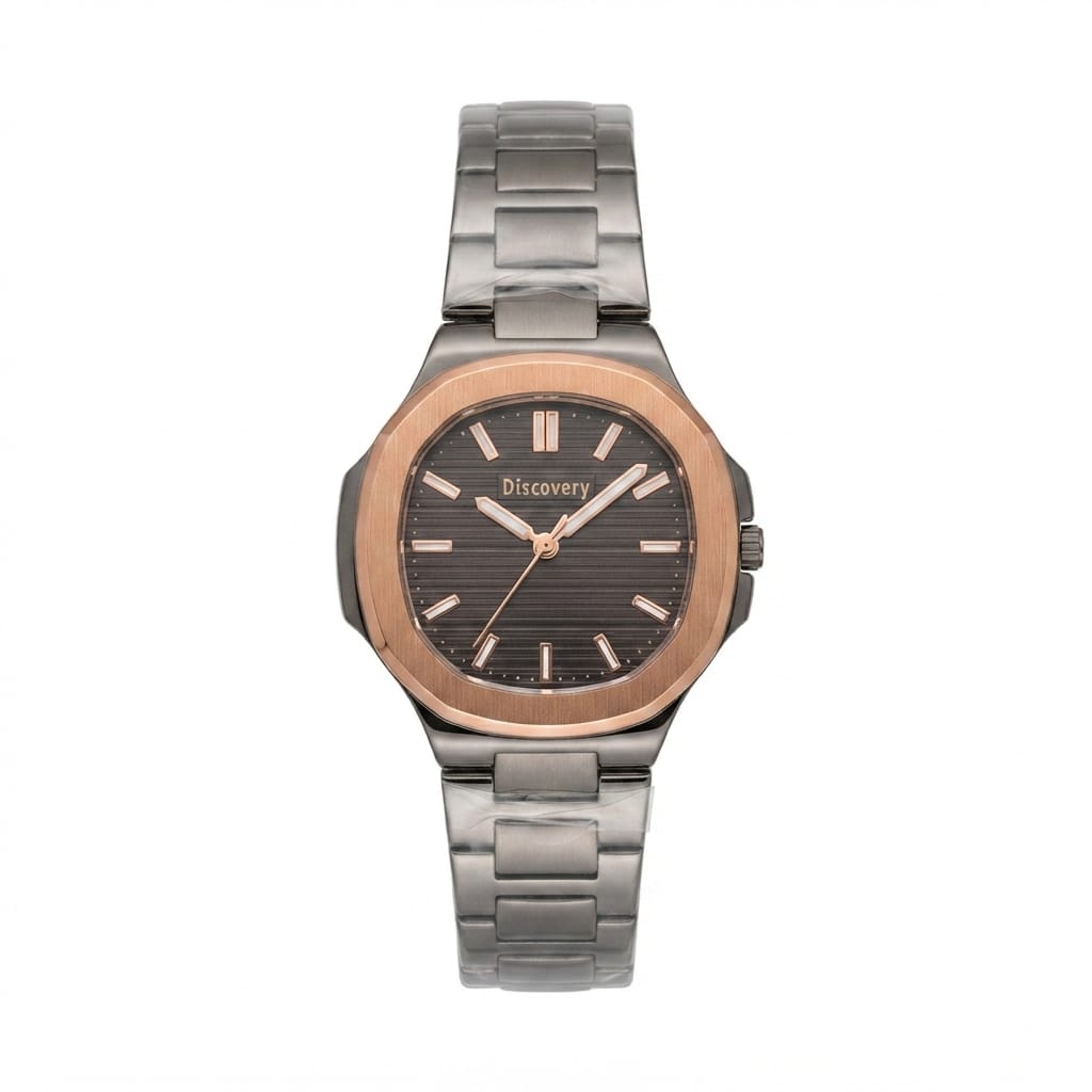 A Discovery brand women's watch featuring a stainless steel link bracelet, a rose gold-tone bezel, and a dark gray sunburst dial with rose gold-tone hands and markers.