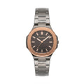 A Discovery brand women's watch featuring a stainless steel link bracelet, a rose gold-tone bezel, and a dark gray sunburst dial with rose gold-tone hands and markers.