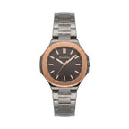 A Discovery brand women's watch featuring a stainless steel link bracelet, a rose gold-tone bezel, and a dark gray sunburst dial with rose gold-tone hands and markers.