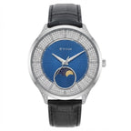 A luxury men's watch by TITAN, featuring a round silver-tone case encrusted with clear crystals, a blue sunburst dial with a moonphase indicator, and a black leather strap.