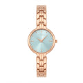 A rose gold women's analog watch with a light blue dial and matching rose gold link bracelet, shown against a plain white background.