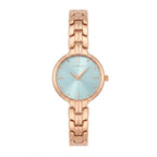 A rose gold women's analog watch with a light blue dial and matching rose gold link bracelet, shown against a plain white background.