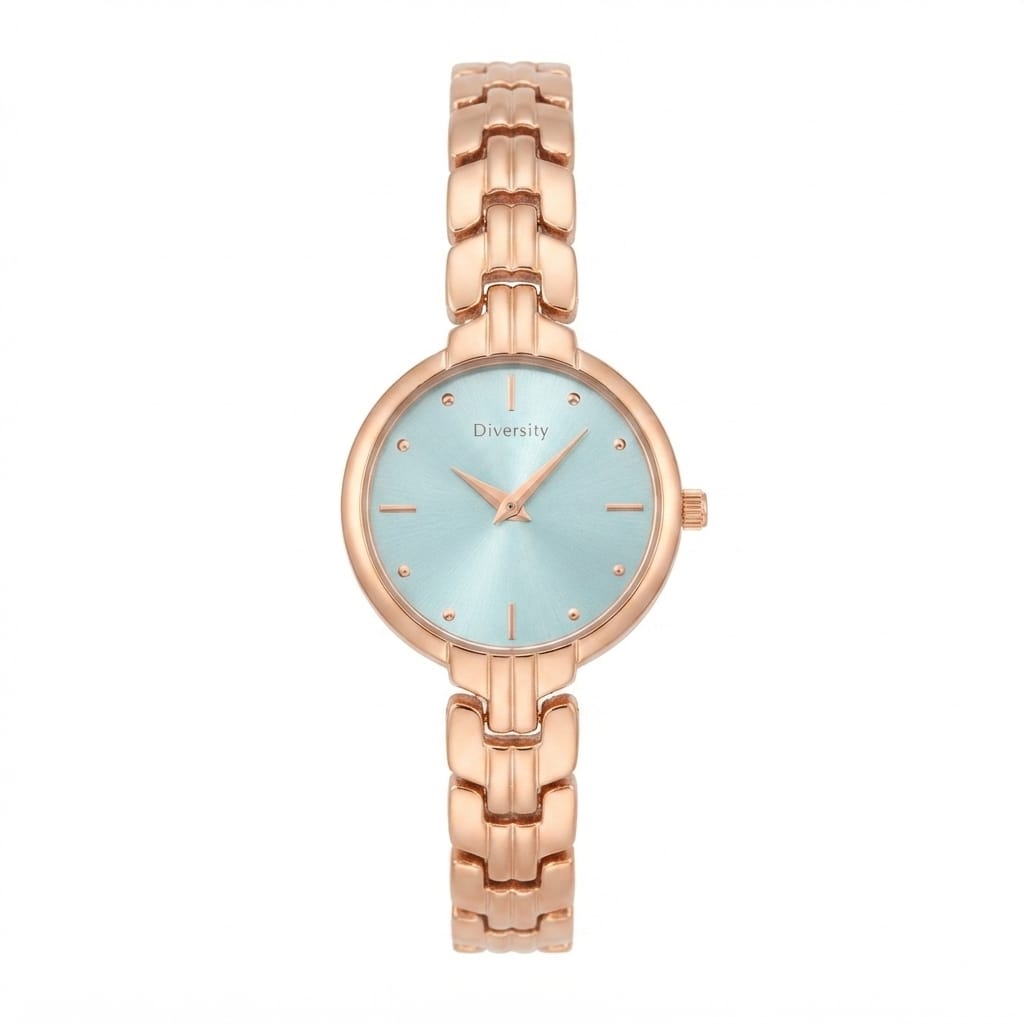 A rose gold women's analog watch with a light blue dial and matching rose gold link bracelet, shown against a plain white background.