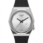 Triumph Time watch with a silver-toned octagonal case, silver dial, black hands, and a black textured strap, shown against a plain white background.
