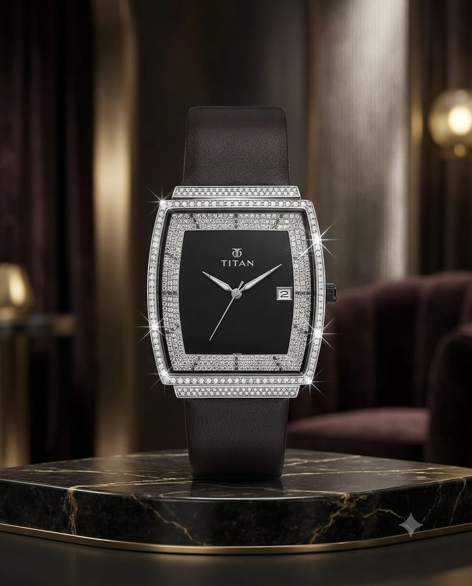 A luxury men's watch by TITAN, featuring a square black dial, a bezel encrusted with sparkling diamonds, and a dark brown leather strap. The watch is displayed on a polished black marble pedestal in an elegant, dimly lit room with warm ambient lighting.