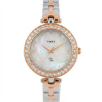 A Timex women's watch with a two-tone rose gold and silver stainless steel link bracelet, a round mother-of-pearl dial, and a bezel encrusted with clear crystals.