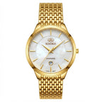 A gold-tone stainless steel wrist watch with a textured mesh bracelet, a round gold case, and a white mother-of-pearl dial with gold hands and hour markers. The brand name 'HAOKE' is clearly visible on the dial.