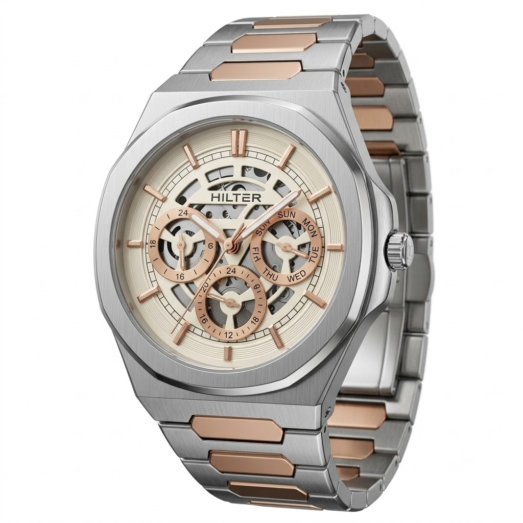 A Hilter men's analog watch with a two-tone silver and rose gold stainless steel link bracelet, featuring a skeletonized beige dial with multiple sub-dials.
