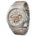 A Hilter men's analog watch with a two-tone silver and rose gold stainless steel link bracelet, featuring a skeletonized beige dial with multiple sub-dials.
